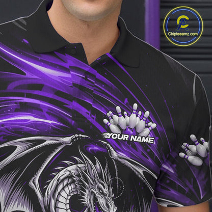Custom Black And Purple Fire Flame Dragon Bowling Jerseys Bowling Team Men Polo Shirt IPHW10295