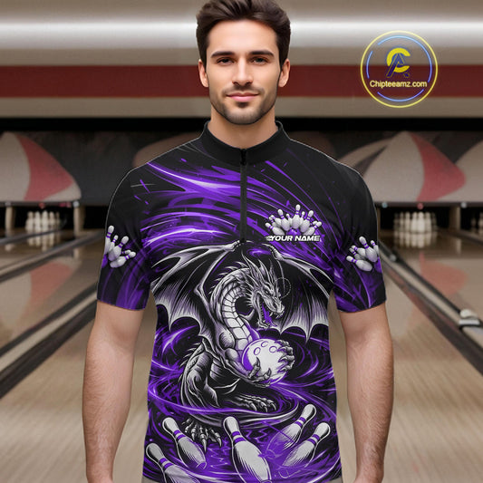 Custom Black And Purple Fire Flame Dragon Bowling Jerseys Bowling Team Men Quarter-Zip Shirt IPHW10295