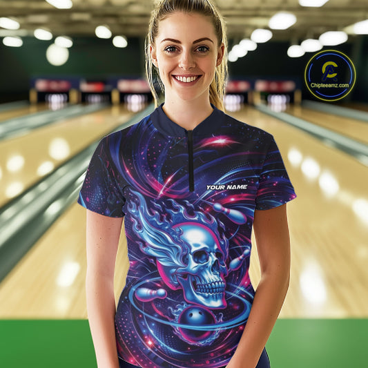 Custom Flame Skull Bowling Team Women Quarter-Zip Shirt, Bowling Tournament Outfit IPHW10296