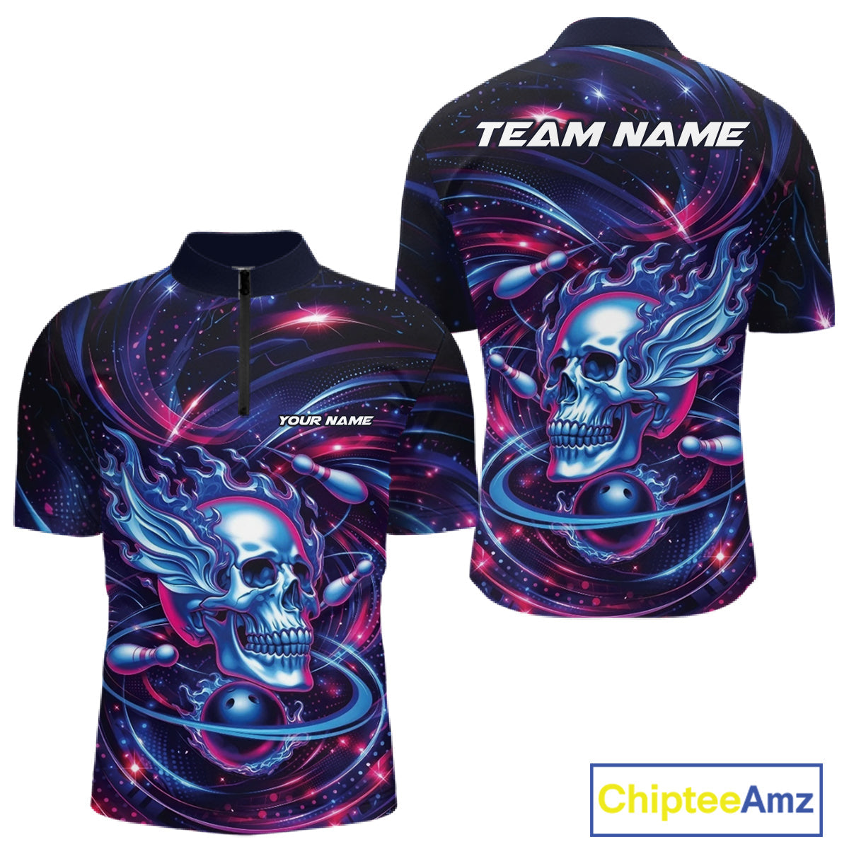 Custom Galaxy Flame Skull Bowling Team Men Quarter-Zip Shirt, Bowling Tournament Outfit IPHW10296