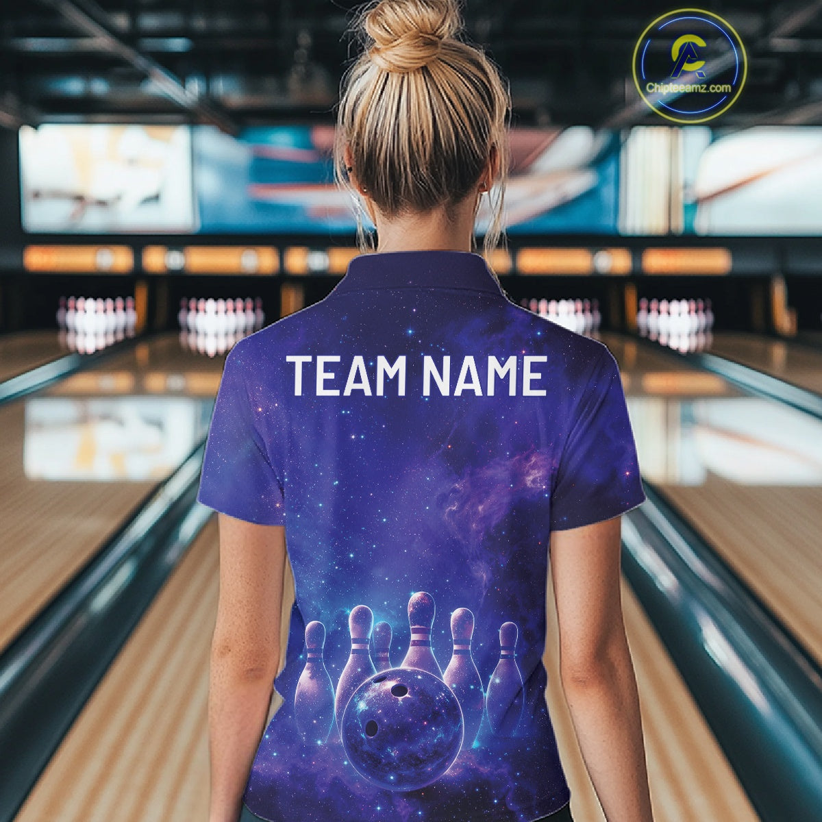 Custom Purple And Blue Galaxy Bowling Team Shirts For Women, Sparkling Sky Bowling Jerseys IPHW10530