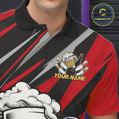 Custom Funny Red Bowling Jerseys Bowling And Beer Men Polo Shirts, Bowling Jerseys IPHW10532