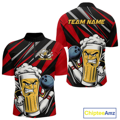 Custom Funny Red Bowling Jerseys Bowling And Beer Men Quarter-Zip Shirts, Bowling Jerseys IPHW10532