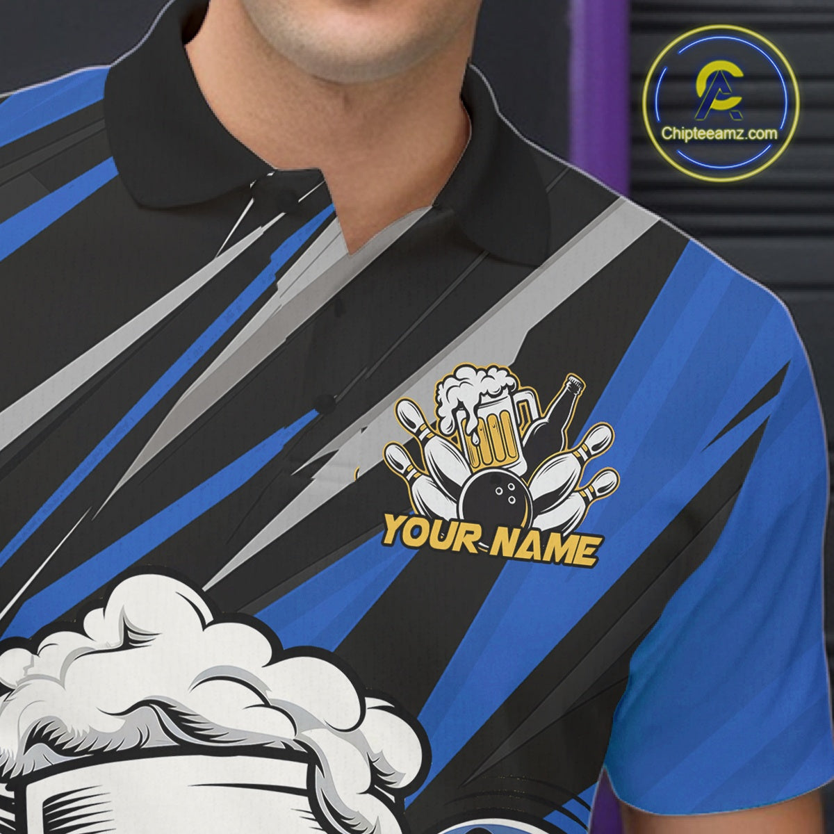 Custom Funny Blue Bowling Jerseys Bowling And Beer Men Polo Shirts, Bowling Jerseys IPHW10533