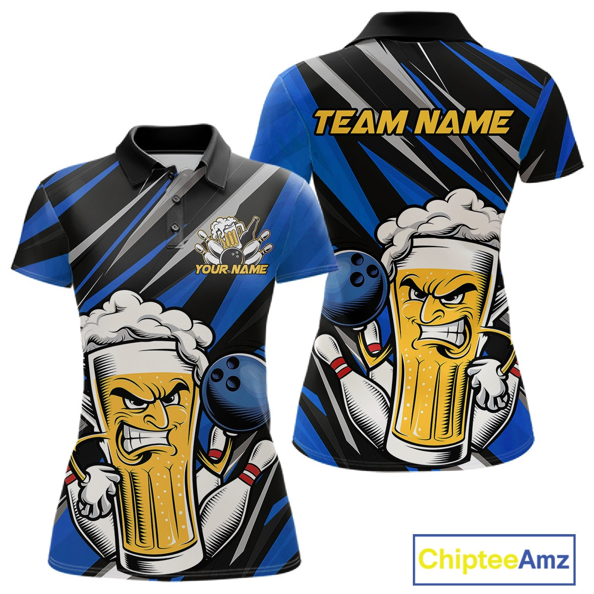 Custom Funny Blue Bowling Jerseys Bowling And Beer Women Polo Shirts, Bowling Jerseys IPHW10533