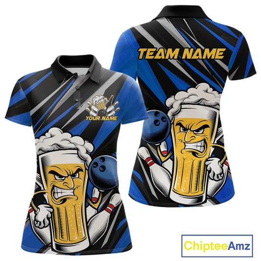 Custom Funny Blue Bowling Jerseys Bowling And Beer Women Polo Shirts, Bowling Jerseys IPHW10533