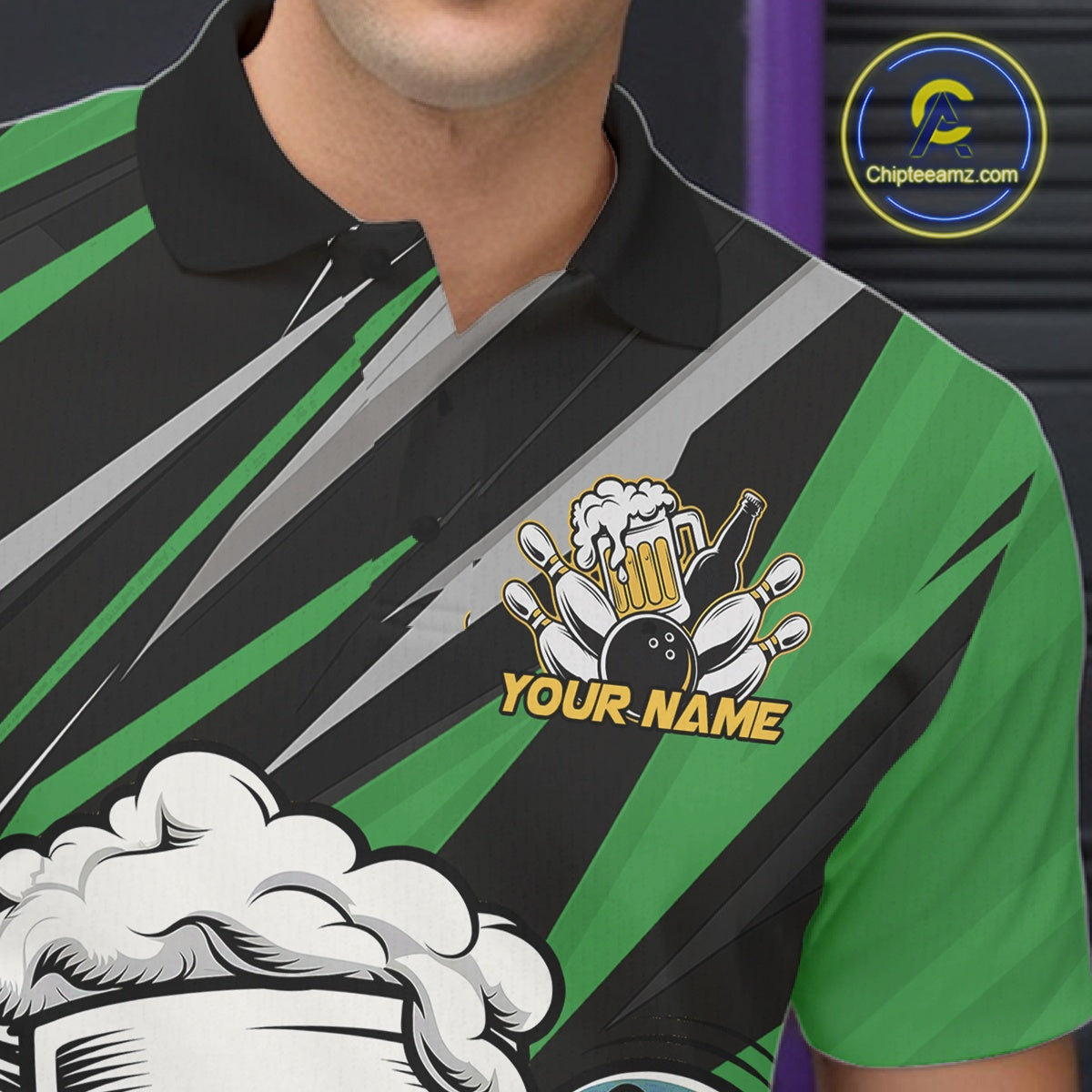 Custom Funny Green Bowling Jerseys Bowling And Beer Men Polo Shirts, Bowling Jerseys IPHW10534