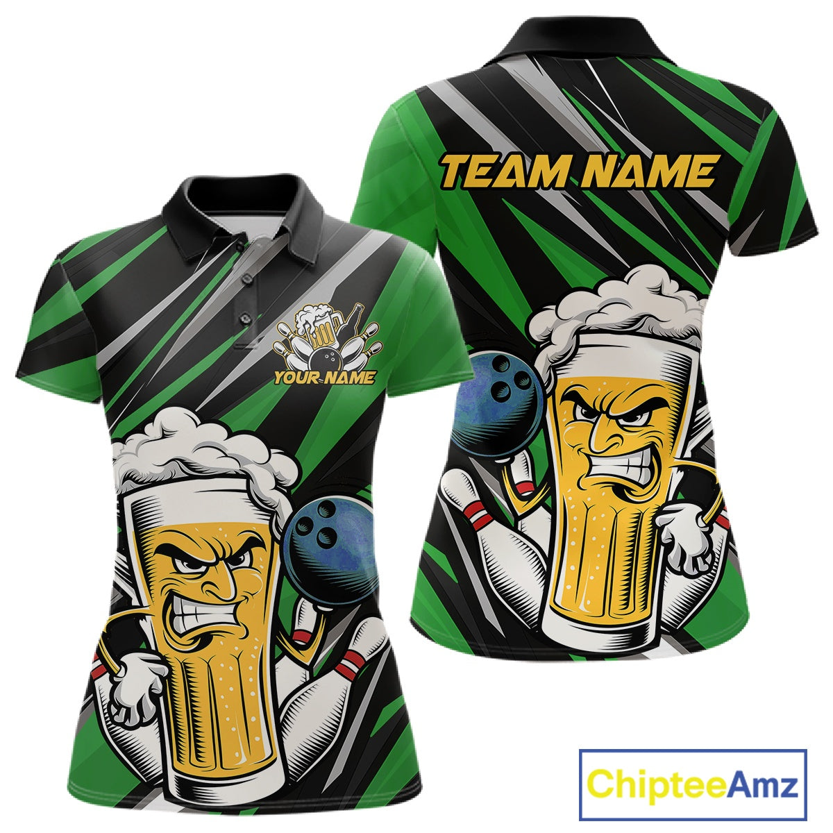 Custom Funny Green Bowling Jerseys Bowling And Beer Women Polo Shirts, Bowling Jerseys IPHW10534