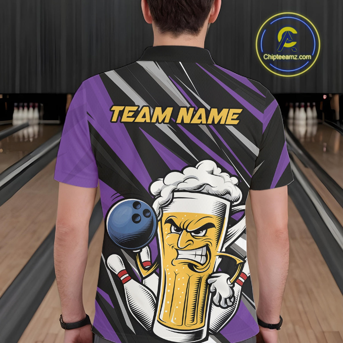 Custom Funny Purple Bowling Jerseys Bowling And Beer Men Polo Shirts, Bowling Jerseys IPHW10535