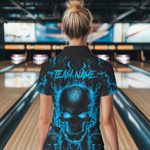 Load image into Gallery viewer, Custom Bowling Womens Polo Shirts, Blue Flame Skull Team Bowling Jerseys Halloween Outfits IPHW8684