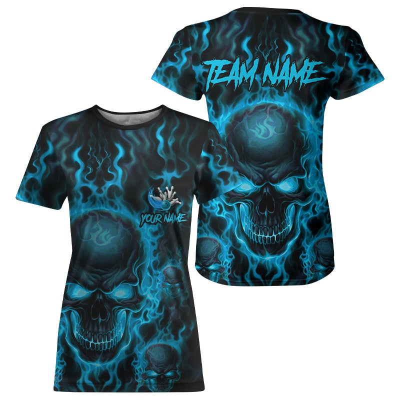 Custom Bowling T-Shirts For Women, Blue Flame Skull Team Bowling Jerseys Halloween Outfits IPHW8684