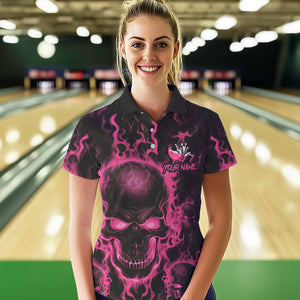 Custom Bowling Womens Polo Shirts, Pink Flame Skull Team Bowling Jerseys Halloween Outfits IPHW8685