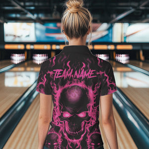 Custom Bowling Womens Polo Shirts, Pink Flame Skull Team Bowling Jerseys Halloween Outfits IPHW8685