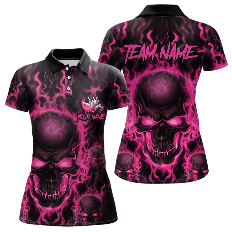 Custom Bowling Womens Polo Shirts, Pink Flame Skull Team Bowling Jerseys Halloween Outfits IPHW8685