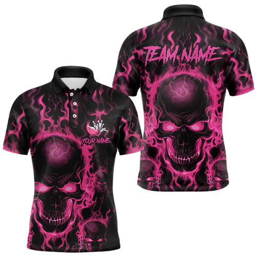 Custom Bowling Polo Shirts For Men, Pink Flame Skull Team Bowling Jerseys Halloween Outfits IPHW8685