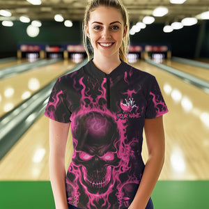 Custom Bowling Womens Quarter-Zip Shirts, Pink Flame Skull Team Halloween Outfits IPHW8685