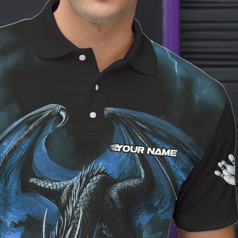 Black And Blue Custom Bowling Team Polo Shirts For Men, Dragon Bowling League Shirts IPHW8690