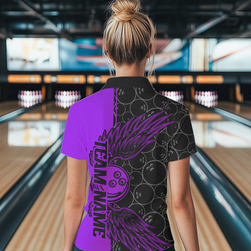 Black And Purple Custom Bowling Ball And Wings Bowling Polo Shirts For Women, Team Uniform IPHW8693
