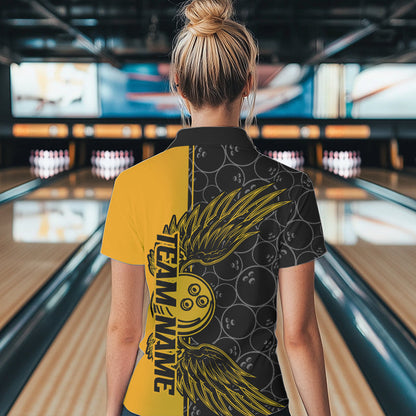Black And Yellow Custom Bowling Ball And Wings Bowling Polo Shirts For Women, Team Uniform IPHW8694