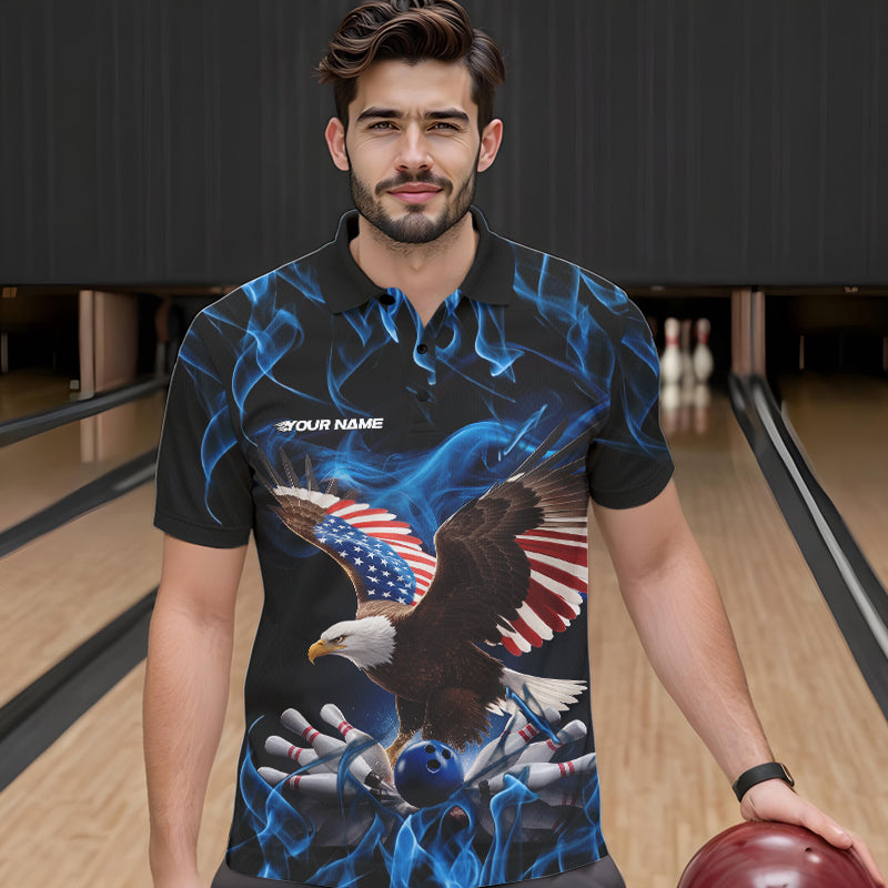 Custom Blue Flame US Eagle Bowling Men Polo Shirts, American Patriotic Bowling League Shirt IPHW8936
