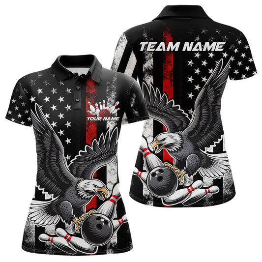 Custom Red Line American Flag Eagle Bowling Women Polo Shirt, Patriotic US Bowling Shirt IPHW8939