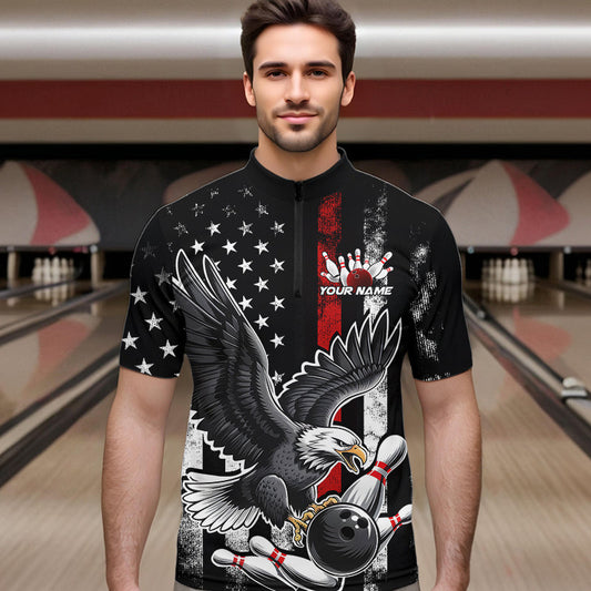 Custom Red Line American Flag Eagle Bowling Men Quarter-Zip Shirt, Patriotic US Bowling Shirt IPHW8939