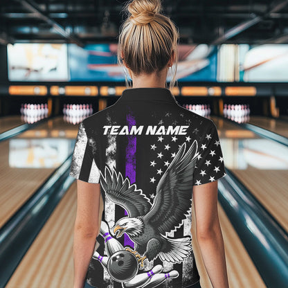 Custom Purple Line American Flag Eagle Bowling Women Polo Shirt, Patriotic US Bowling Shirt IPHW8940