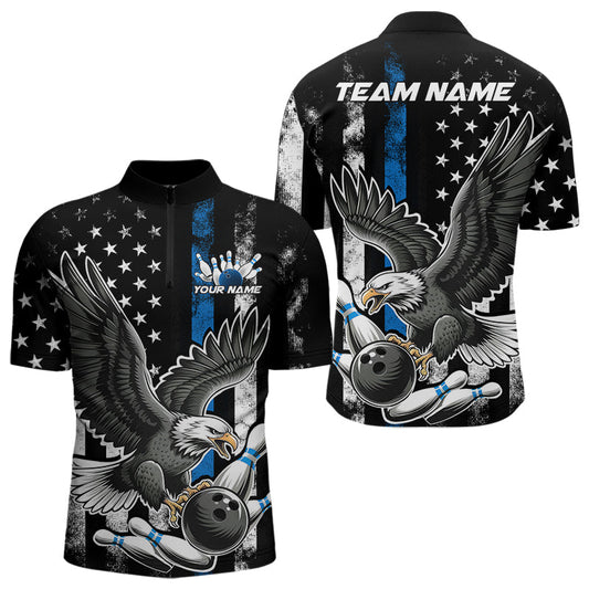 Custom Blue Line American Flag Eagle Bowling Men Quarter-Zip Shirt, Patriotic US Bowling Shirt IPHW8941