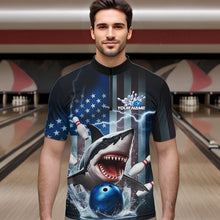Load image into Gallery viewer, Custom American Flag Shark Bowling Men Quarter-Zip Shirt, Patriotic Shark Bowling Jerseys IPHW8944