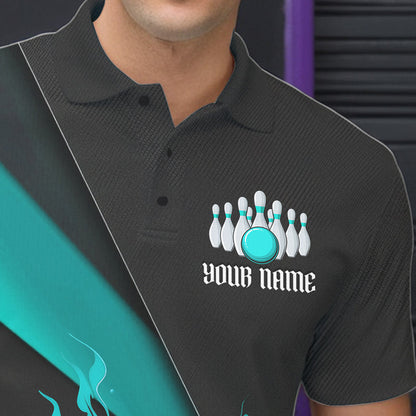 Custom Black And Blue Flame Duckpin Bowling Team Men Polo Shirts, Duckpin Tournament Outfit IPHW8946