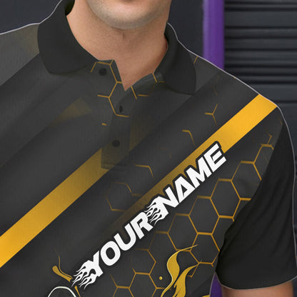 Custom Black And Yellow Flame Duckpin Bowling Polo Shirt For Men, Bowling Team League Shirt IPHW8948