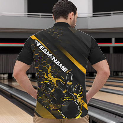 Custom Black And Yellow Flame Duckpin Bowling Quarter-Zip Shirt For Men, Bowling Team League Shirt IPHW8948