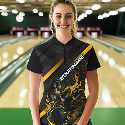 Custom Black And Yellow Flame Duckpin Women Bowling Quarter-Zip Shirt, Bowling League Shirt IPHW8948