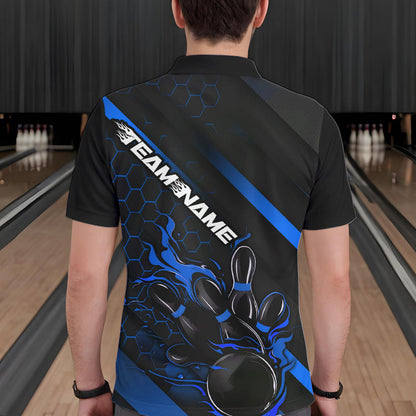 Custom Black And Blue Flame Duckpin Bowling Polo Shirts For Men, Bowling Team League Shirt IPHW8949