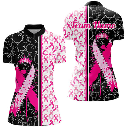 Black And Pink Custom Breast Cancer Awareness Pink Ribbon Bowling Shirts For Women IPHW7011