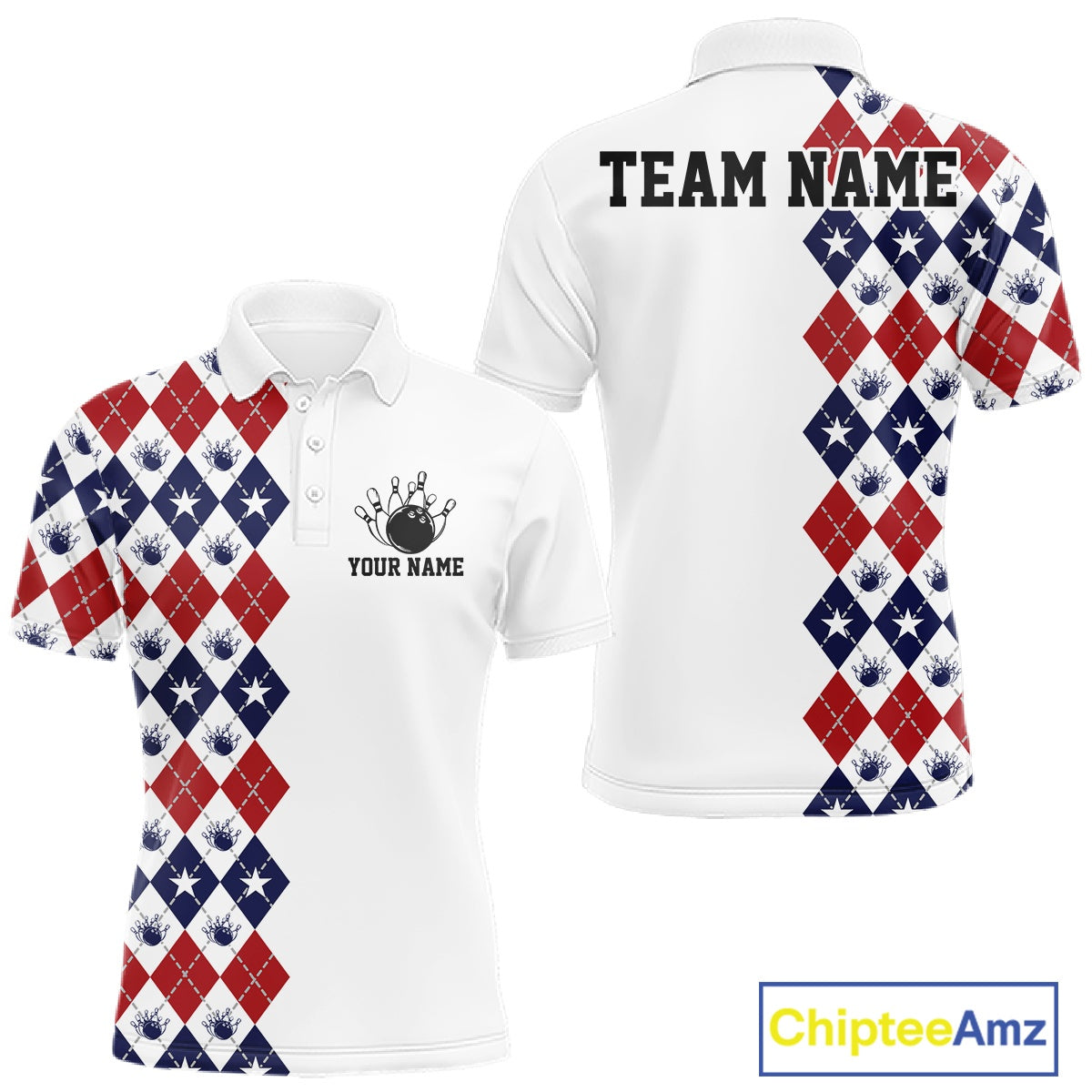Custom Patriotic Argyle Pattern Bowling Team Men Polo Shirt, Retro Bowling Shirt IPHW11665