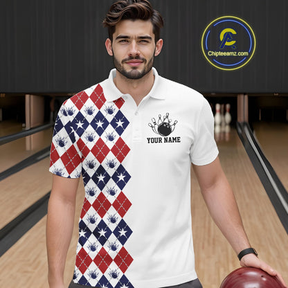 Custom Patriotic Argyle Pattern Bowling Team Men Polo Shirt, Retro Bowling Shirt IPHW11665