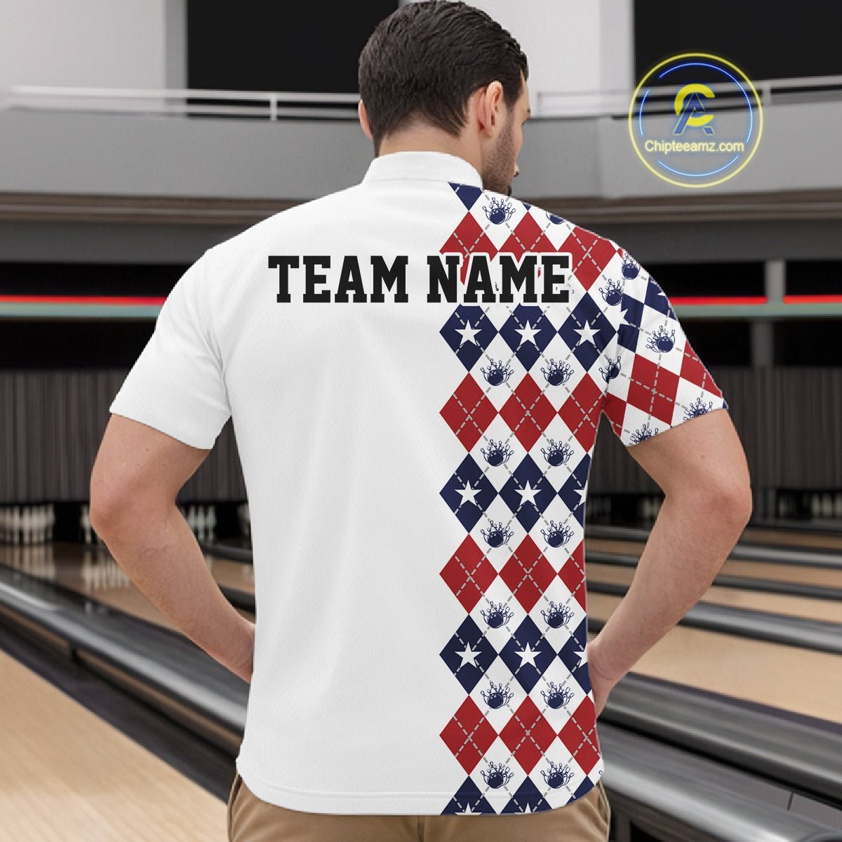 Custom Patriotic Argyle Pattern Bowling Team Men Quarter Zip Shirt, Retro Bowling Shirt IPHW11665