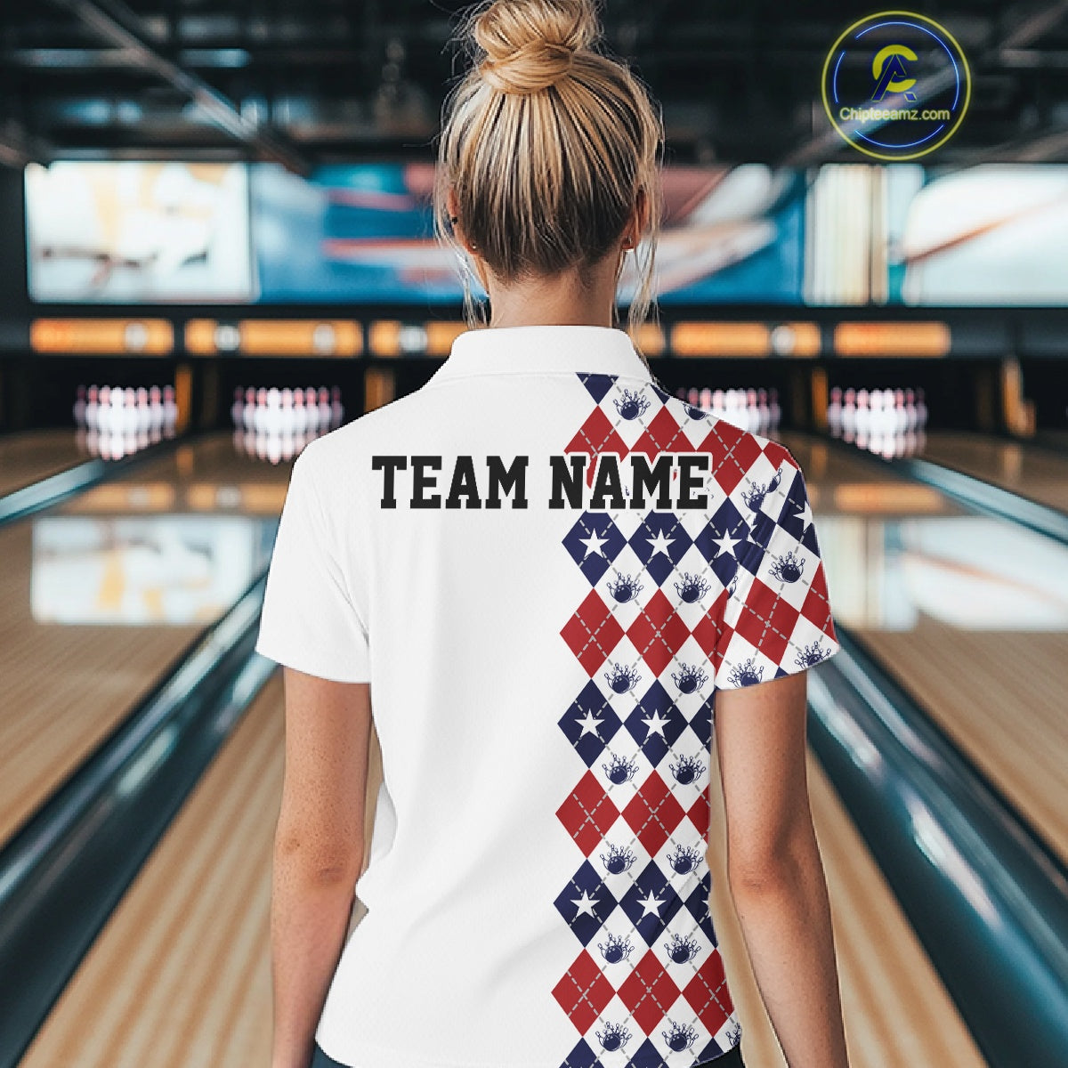 Custom Patriotic Argyle Pattern Bowling Women Quarter-Zip Shirt, Retro Bowling Shirt IPHW11665