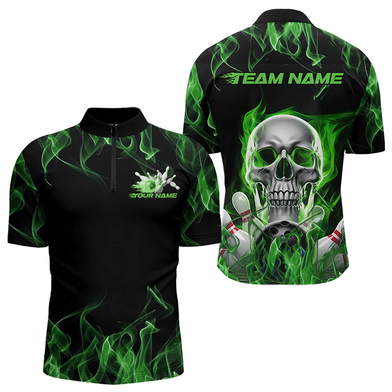 Custom Green Flame Skull Bowling Quarter-Zip Shirts For Men, Skull Bowling Tournament Shirt IPHW8223