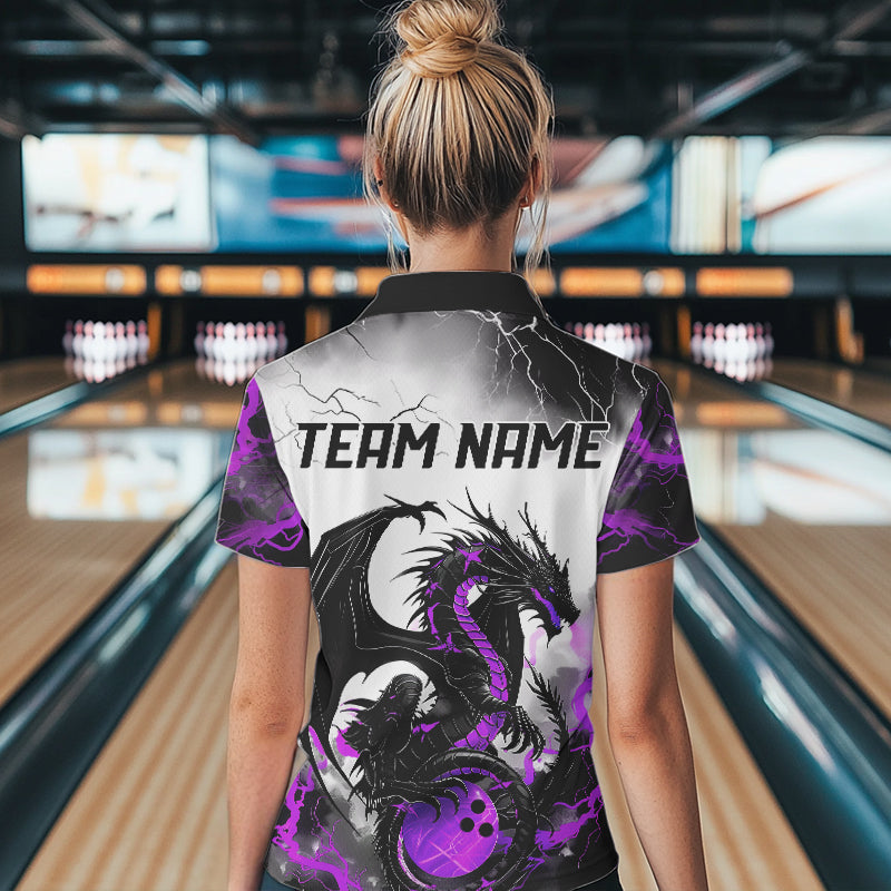 Black And Purple Thunder Lightning Custom Dragon Bowling Women Polo Shirts, Bowling Uniform IPHW8695