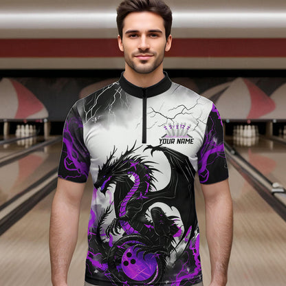 Black And Purple Thunder Lightning Custom Dragon Bowling Men Quarter-Zip Shirts, Bowling Uniform IPHW8695