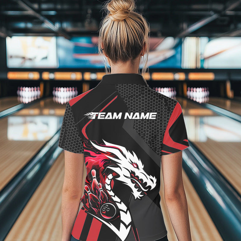 Custom Black And Red Dragon Bowling Jerseys, Bowling Team Women Polo Shirts Bowlers Outfit IPHW8701