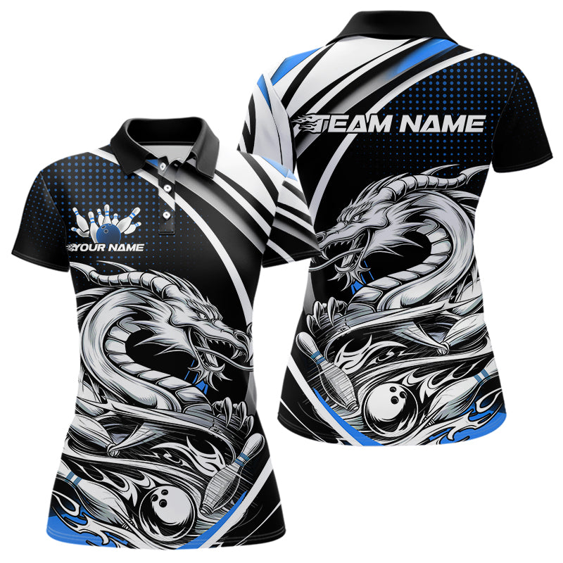 Custom Black And Blue Dragon Bowling Team Polo Shirts For Women, Dragon Bowling Jerseys IPHW8706