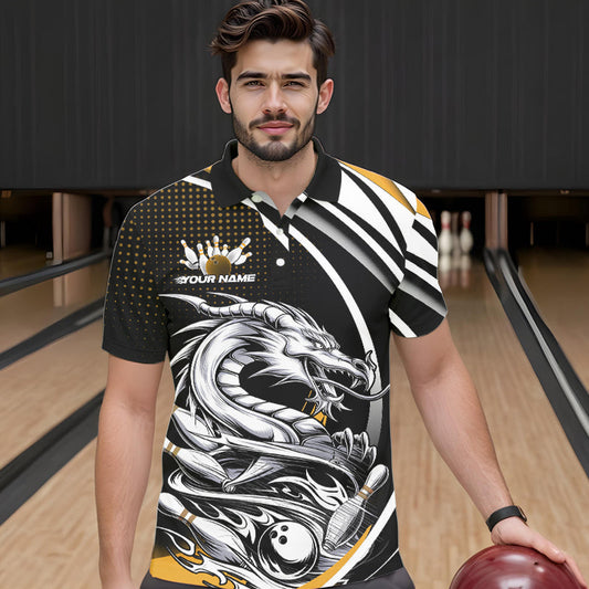 Custom Black And Yellow Dragon Bowling Team Polo Shirts For Men, Dragon Bowling Jerseys IPHW8707