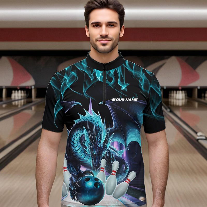 Custom Blue Flame Dragon Bowling Quarter-Zip Shirts For Men, Dragon Bowling Team Jerseys IPHW8959