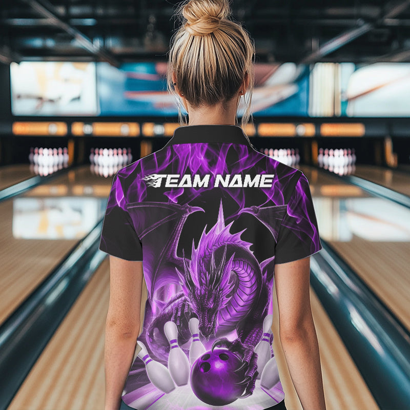 Custom Purple Flame Dragon Bowling Polo Shirts For Women, Dragon Bowling Team Jerseys IPHW8961