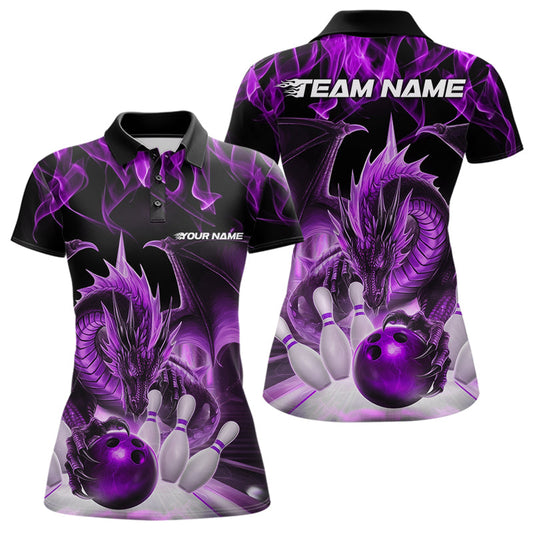 Custom Purple Flame Dragon Bowling Polo Shirts For Women, Dragon Bowling Team Jerseys IPHW8961