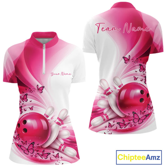 Women s white and pink bowling quarter zip mockup shown from front and back with butterfly accents and bowling-themed graphics.