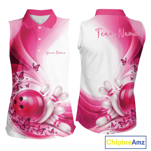 Custom Pink Butterfly Bowling Women Sleeveless Polo Shirt, Ladies Bowling League Shirt IPHW11351